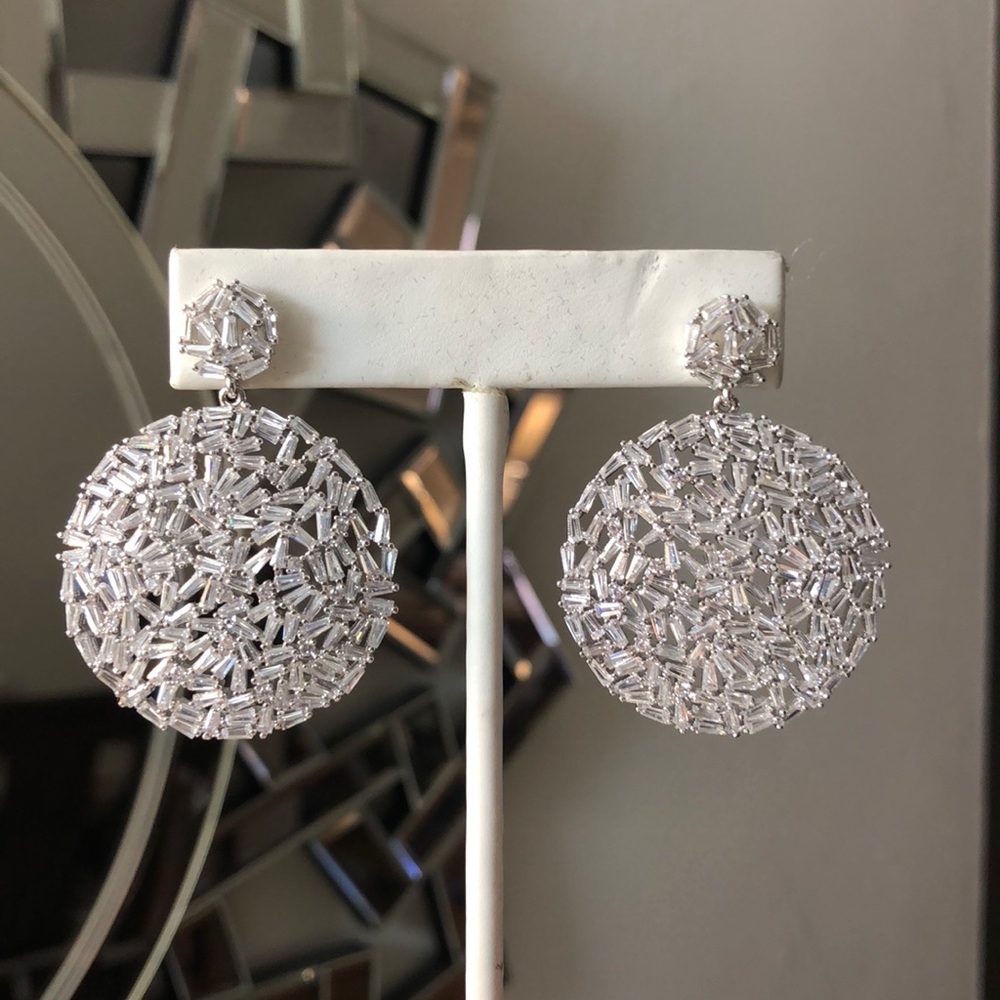 Round disc cubic zirconia bridal earrings